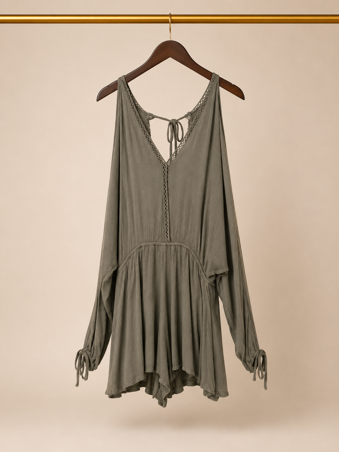 Fashion Nova Cold-Shoulder Slit-Sleeve Keyhole Romper - Sage Olive Green (Medium)