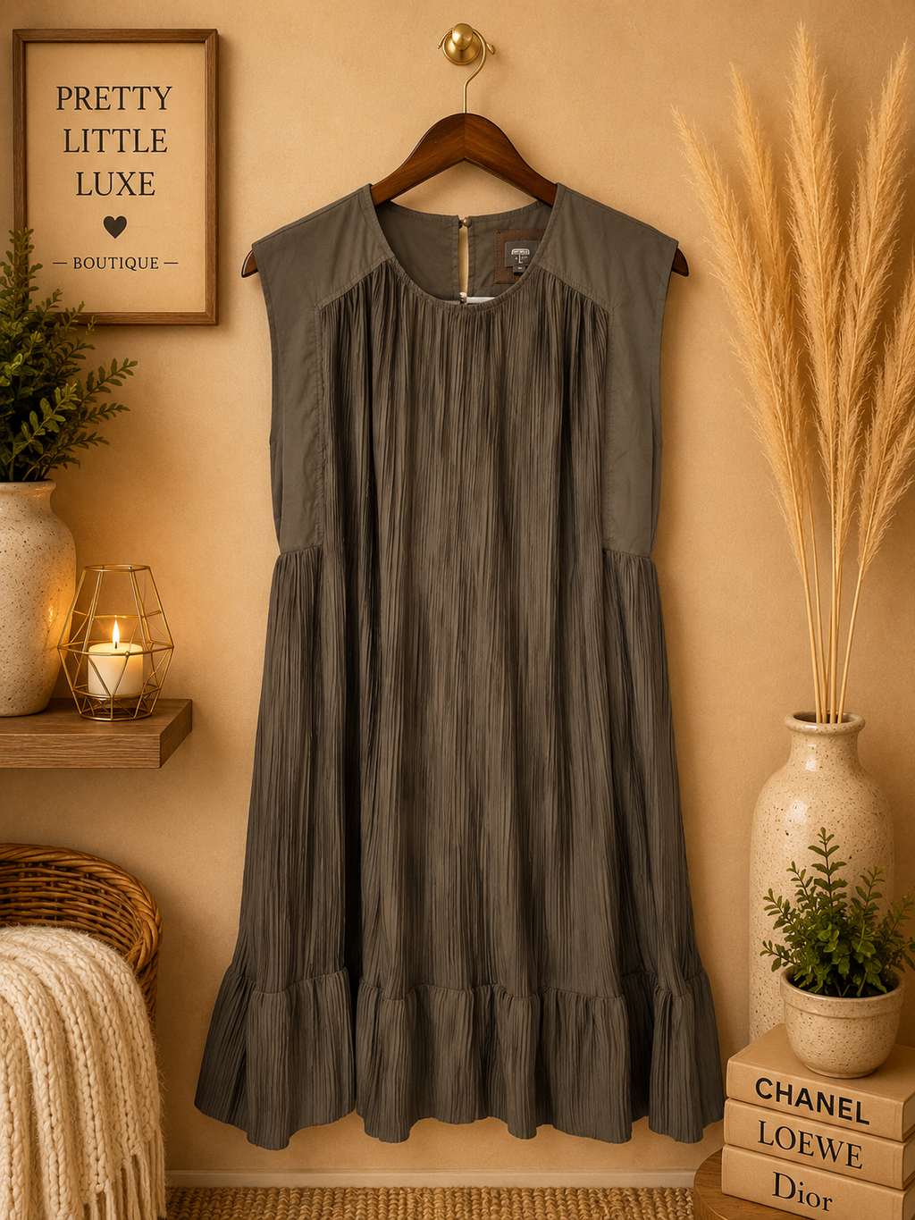 Anthropologie Textured Sleeveless Tiered Mini Dress in Olive Brown – Size Small