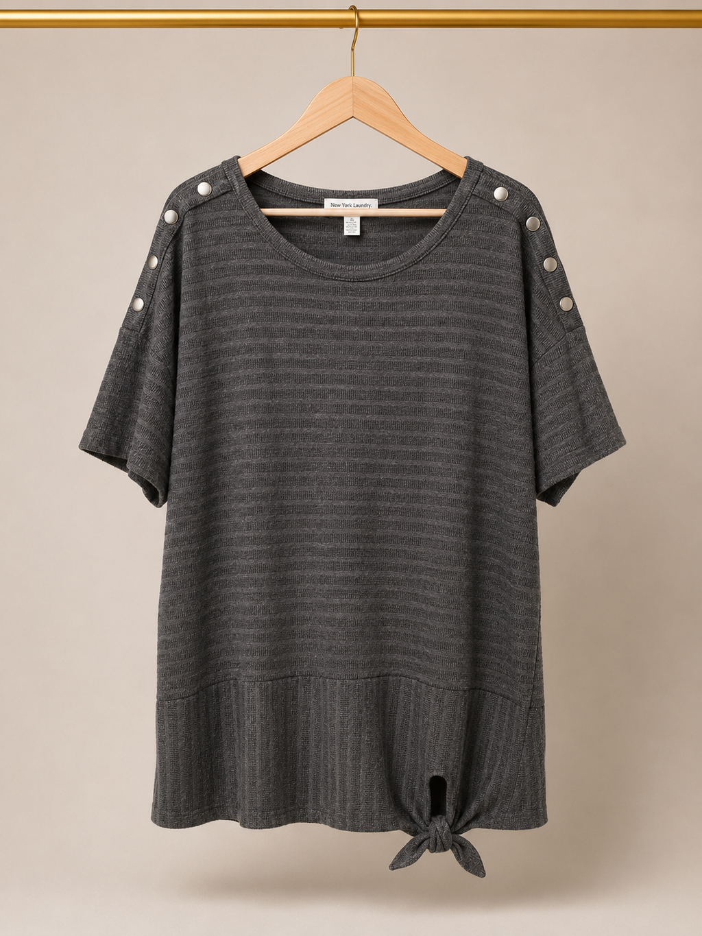 New York Laundry Charcoal Grey Ribbed Snap Shoulder Front Tie Top - Large