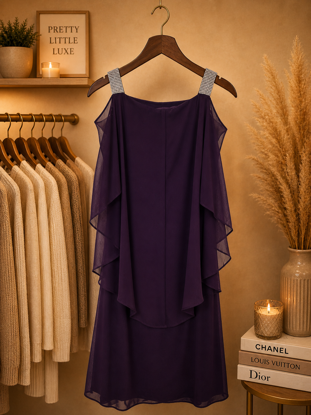 MSK Rhinestone Cold-Shoulder Draped Faux-Wrap Dress in Plum - Size Small (NWT)