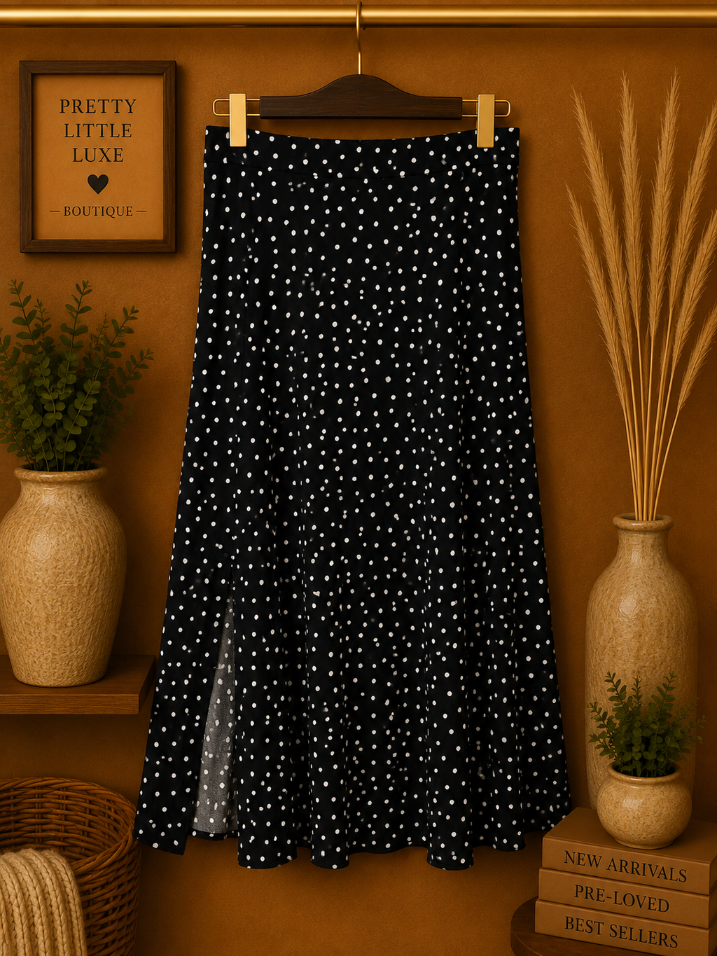 Streetwear Society NWT Polka Dot Midi Skirt Black White High Slit -Size XL