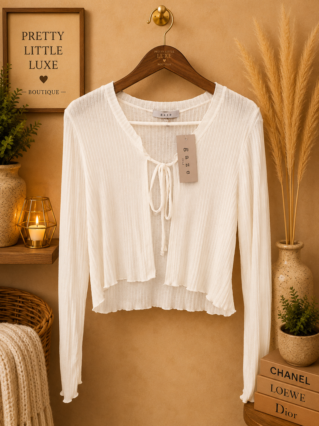 Gaze Sheer Ribbed Dual Tie-Front Cardigan in Cream - Size Small (NWT)