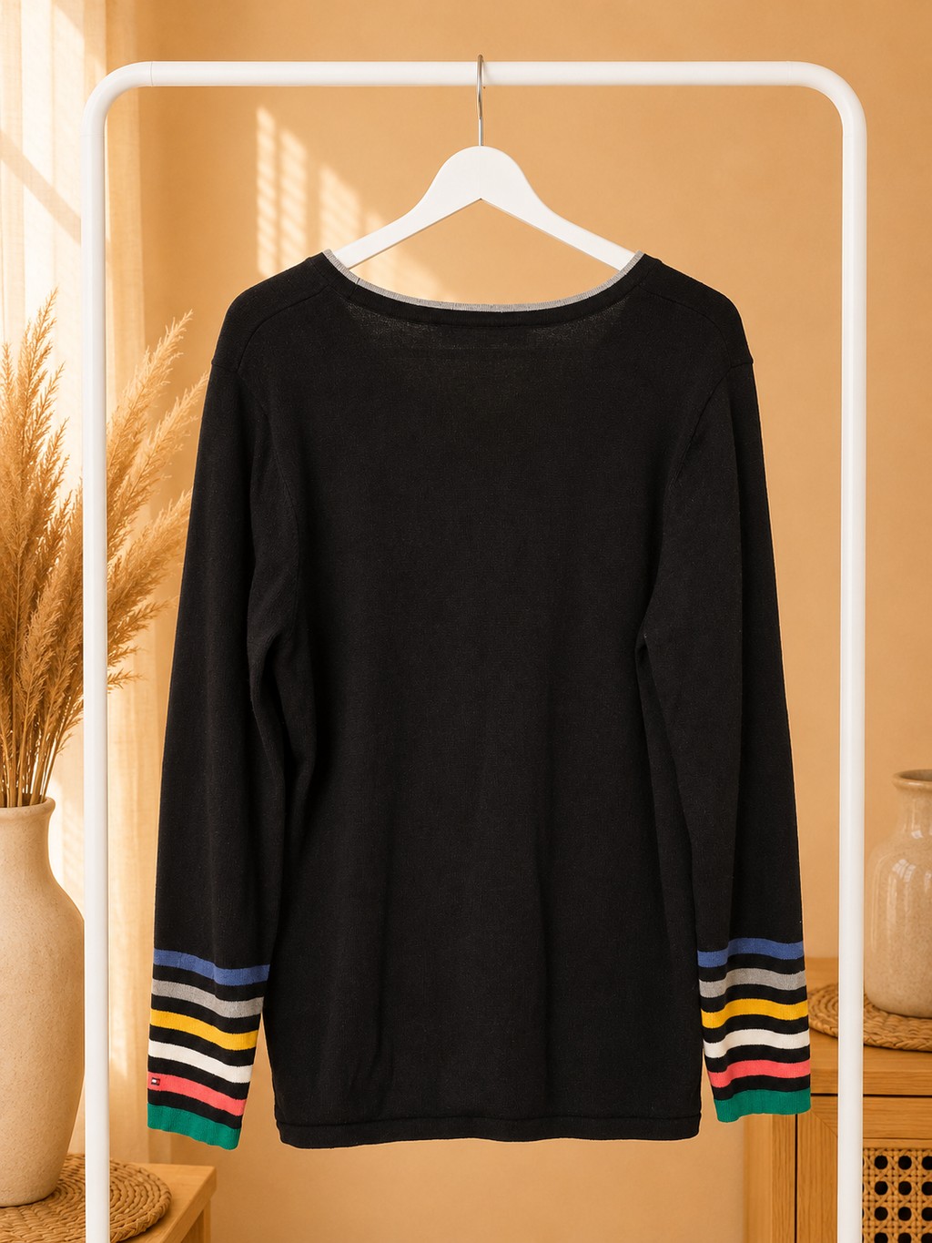 Tommy Hilfiger Black Knit Crewneck Sweater Multi Color Rainbow Striped Cuff- Large