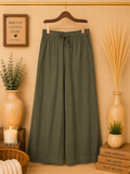 Zara Olive Green Linen Blend Drawstring Wide Leg Palazzo Pants- Size XS