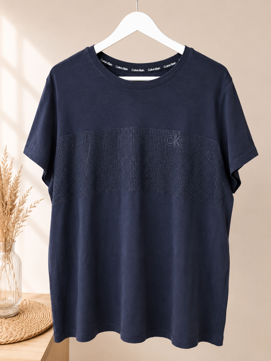 Calvin Klein Navy Blue Rhinestone Studded Logo T-Shirt - Size XL