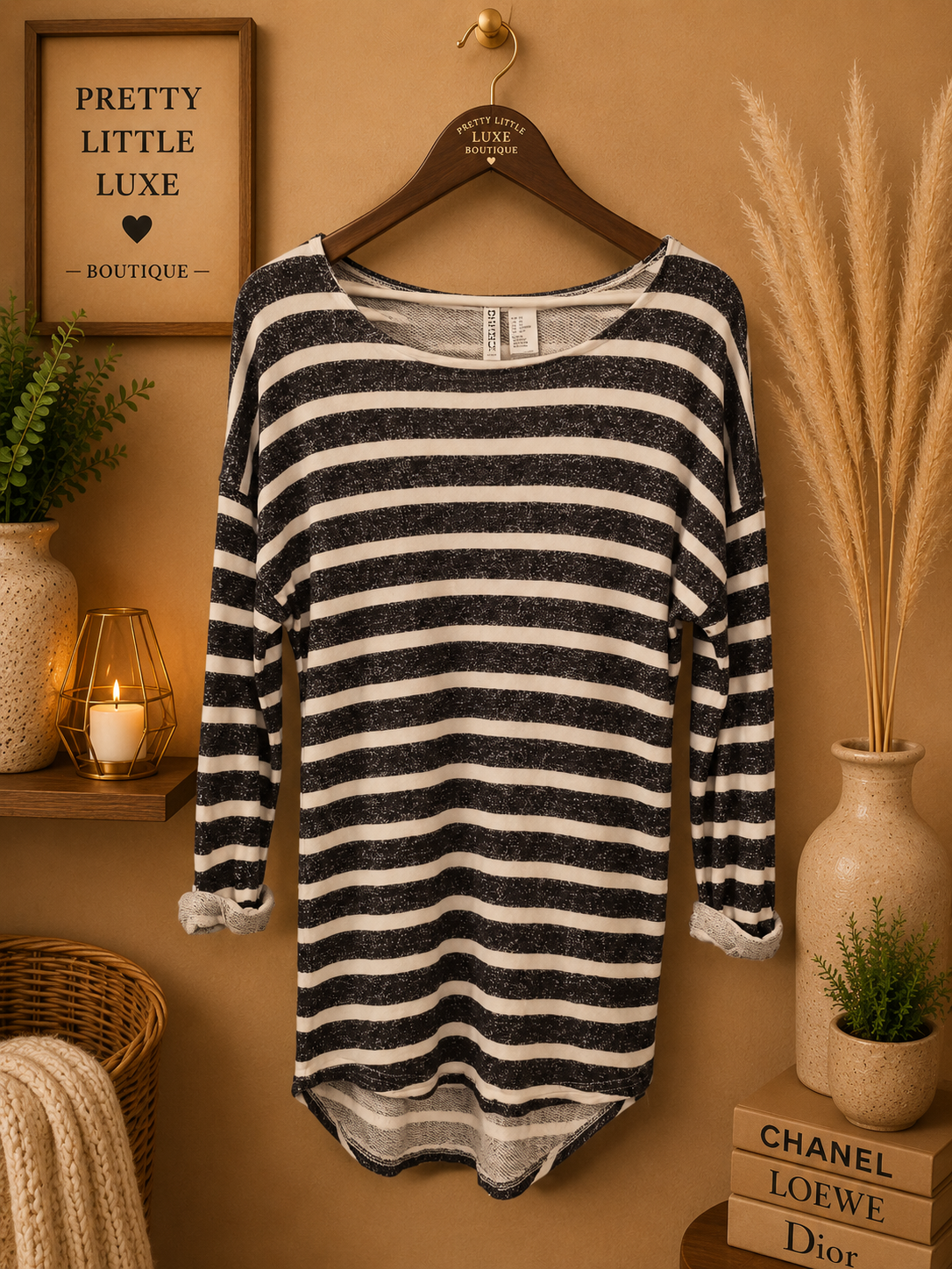 H&M Divided Grey White Striped 3/4 Sleeve Knit Pullover Sweater XS