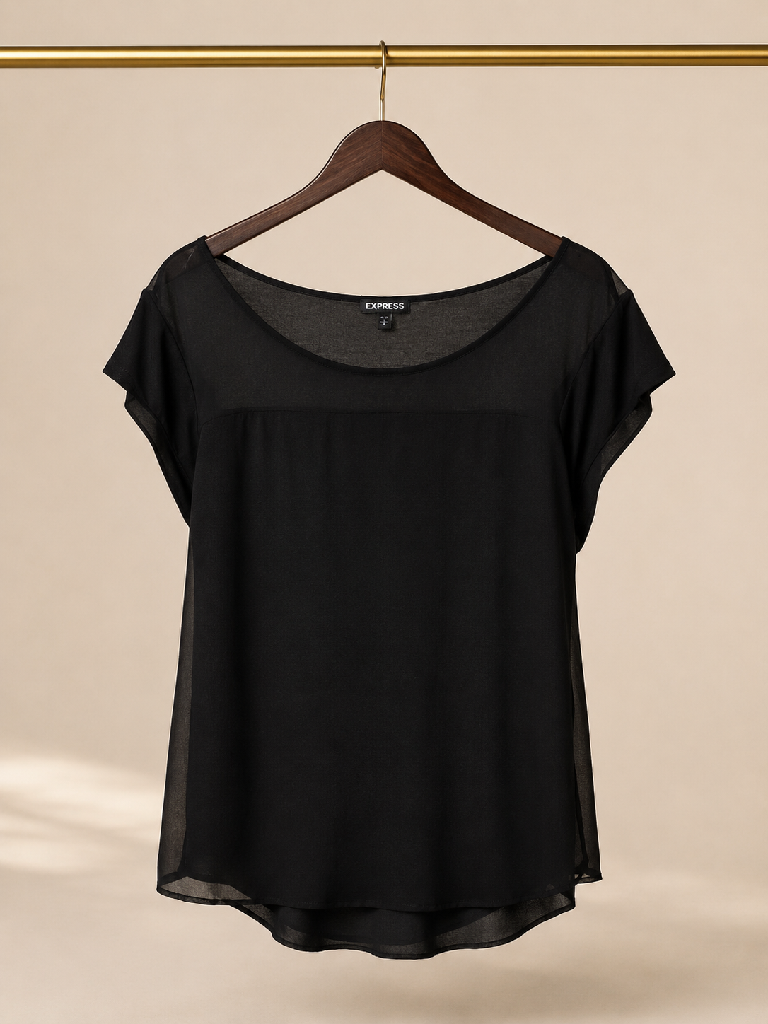🔑 Express Mixed-Media Short-Sleeve Chiffon Panel Blouse - Black (Small)