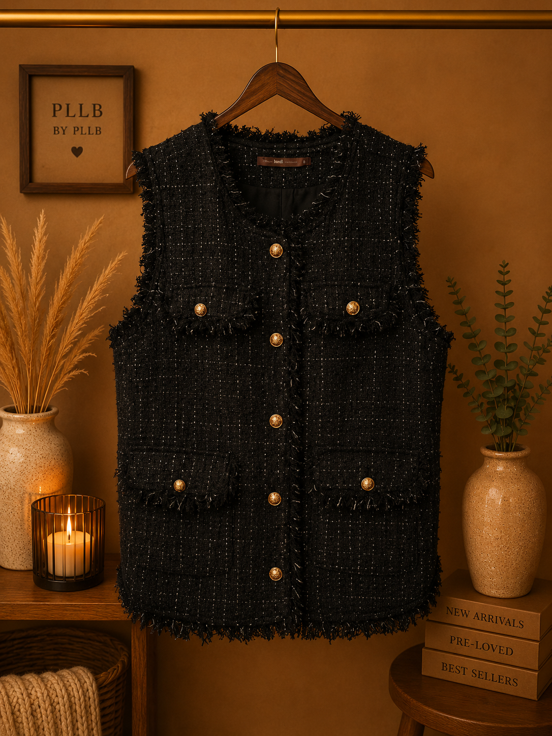 Pre-loved Hazel Tweed Fringe Utility Vest with Gold Lion Crest Buttons - Black - Size Large