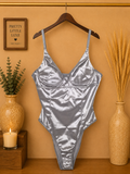 Silky Satin Underwire Corset Bodysuit - Metallic Silver Grey -(Large)