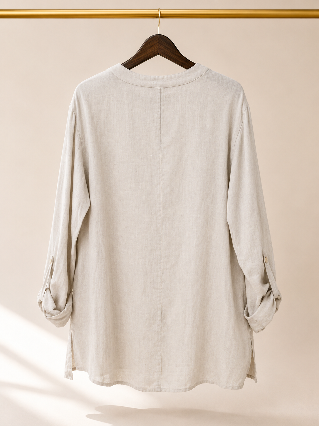 Grace Elements Linen Blend Roll Tab Sleeve Henley Utility Tunic Shirt - Oatmeal- Large