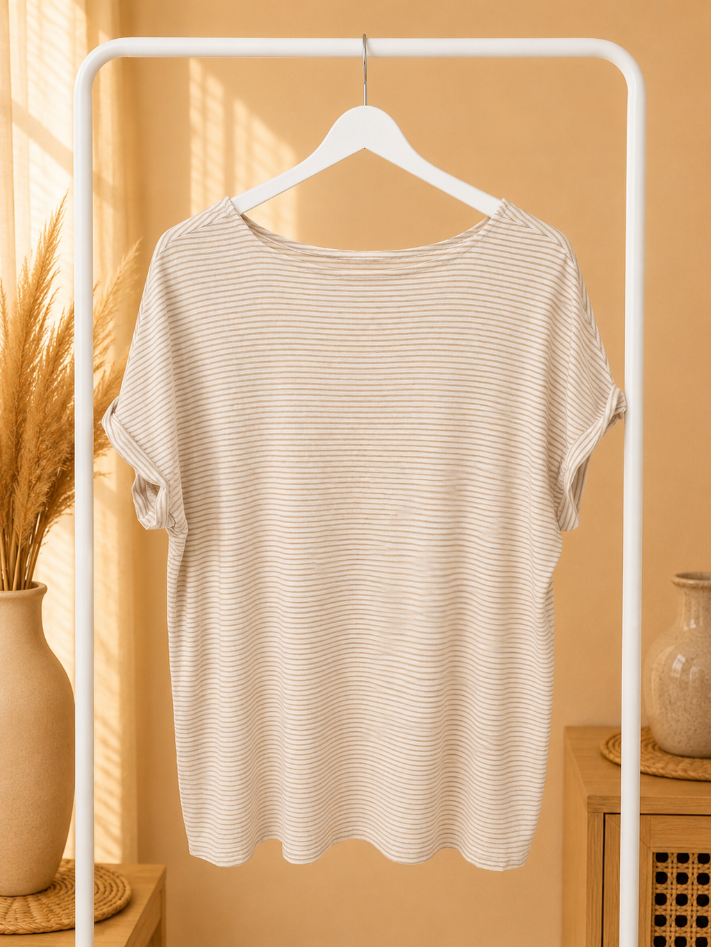 Green Envelope Striped Short Sleeve Top Beige White- Size Large