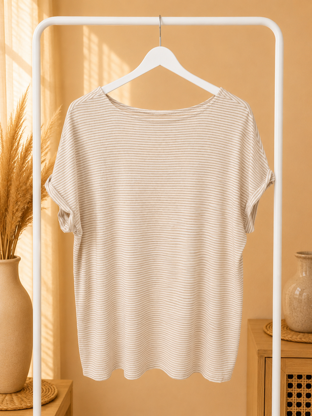 Green Envelope Striped Short Sleeve Top Beige White- Size Large