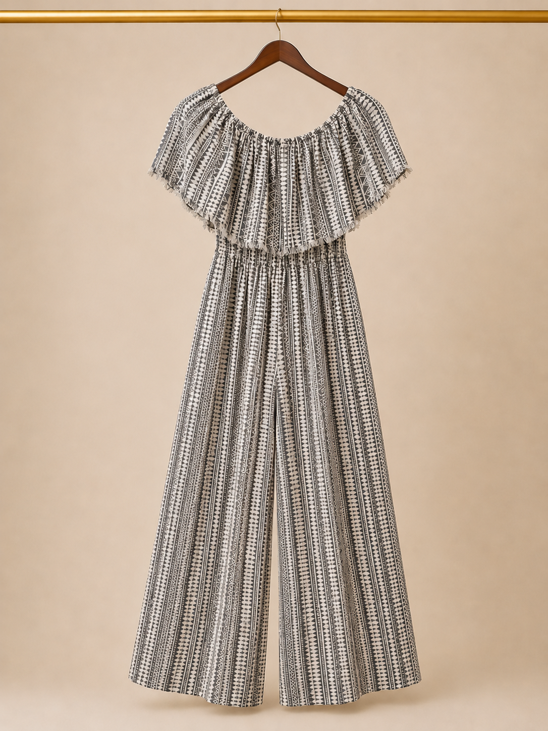 🔑Elan Off-The-Shoulder Fringed Wide-Leg Jumpsuit - Geometric Print (Small)