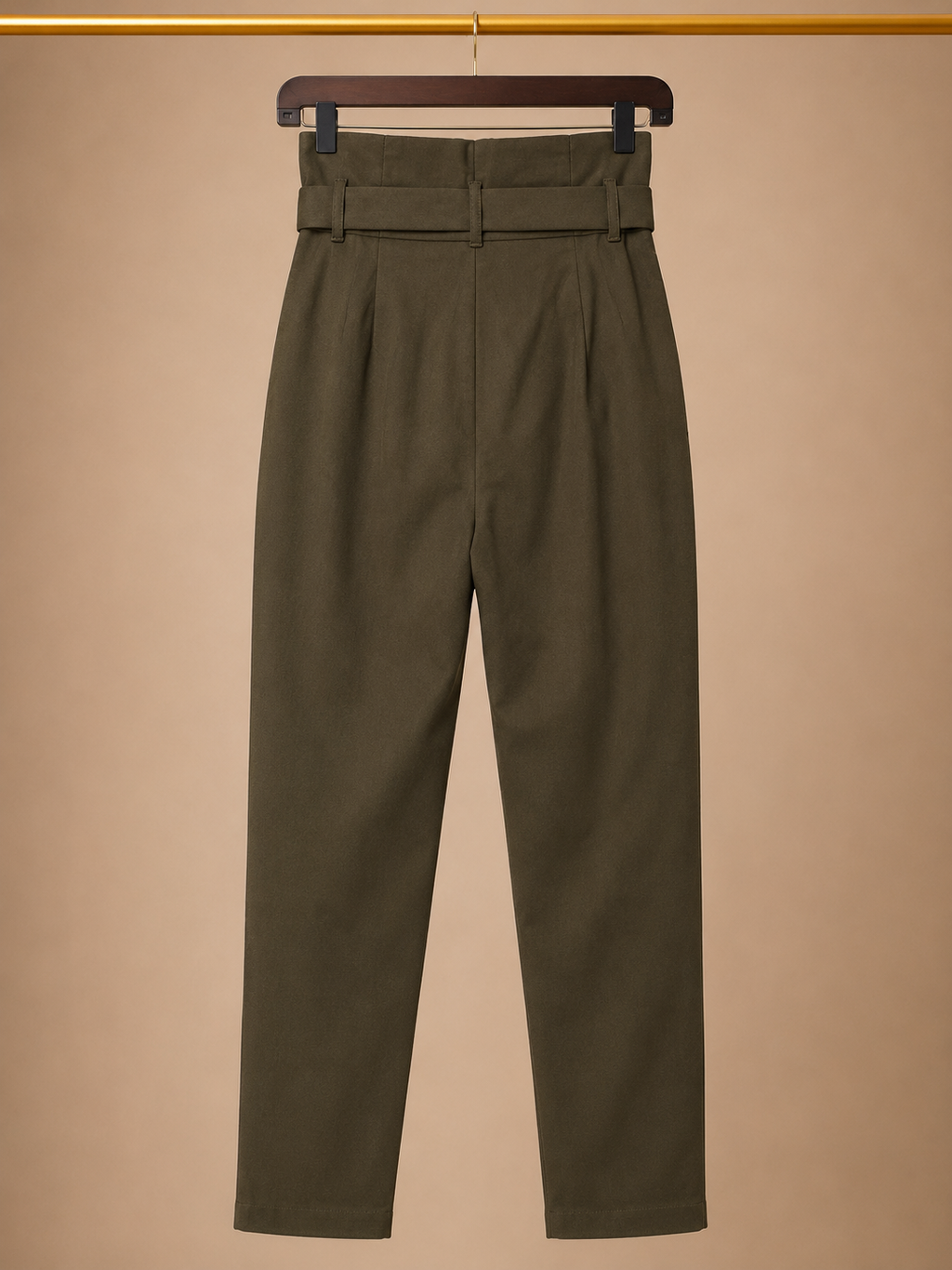 Windsor High-Rise Paperbag Waist Tapered Ankle Pants with Belt - Olive Green (Medium)