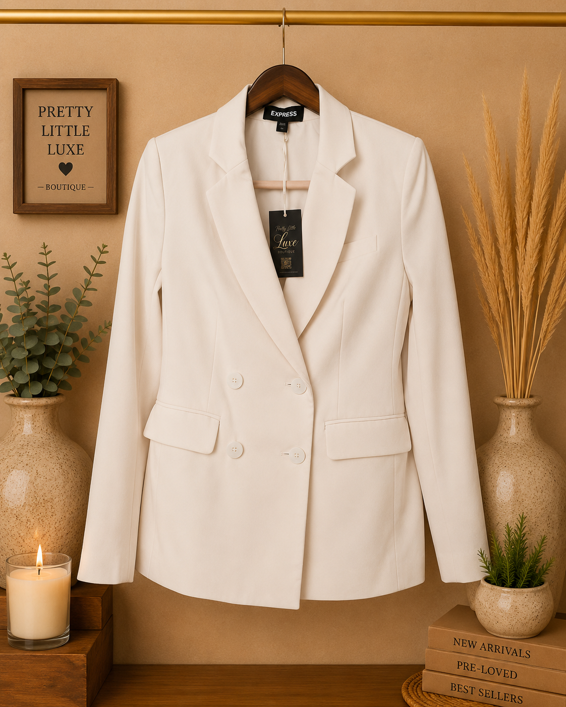 Express Tailored Peak Lapel Single-Button Blazer - Cream Ivory -(XS)