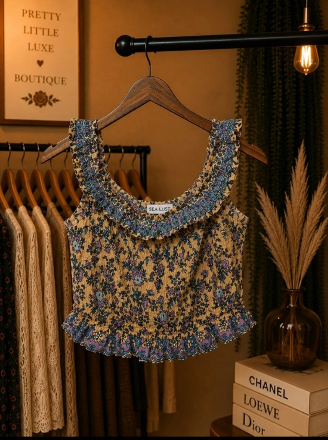 Sea Lust Boho Floral Smocked Off Shoulder Crop Top- Small
