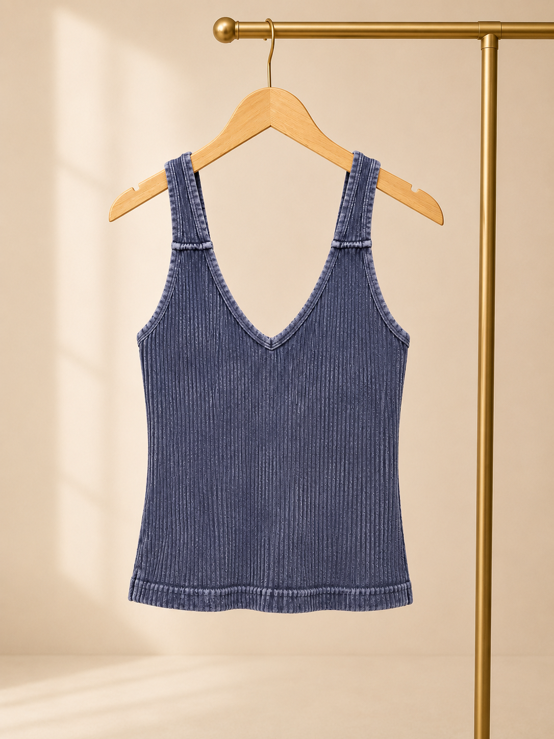 V-Neck Ribbed Tank Top - Blue -Small