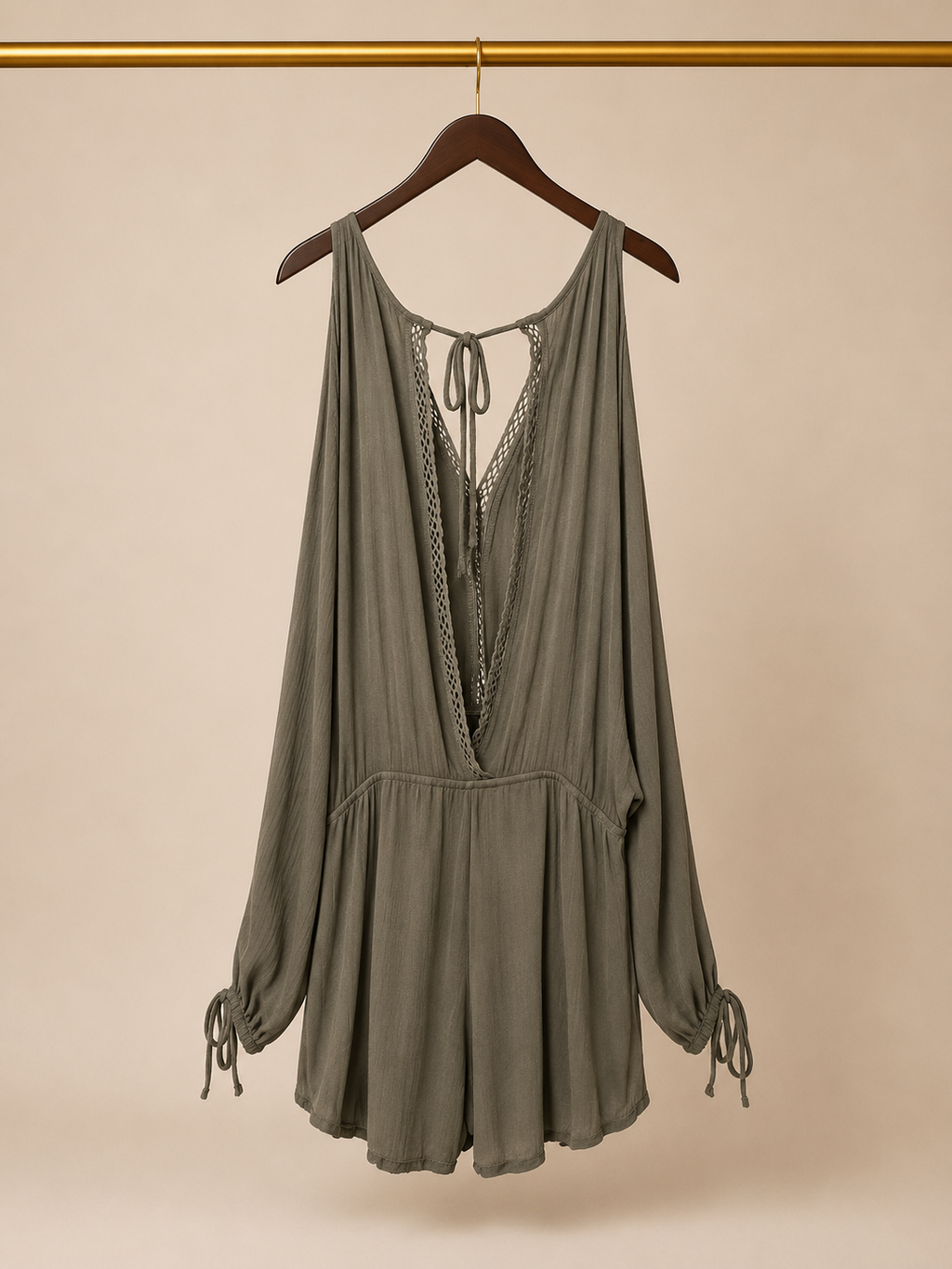 Fashion Nova Cold-Shoulder Slit-Sleeve Keyhole Romper - Sage Olive Green (Medium)