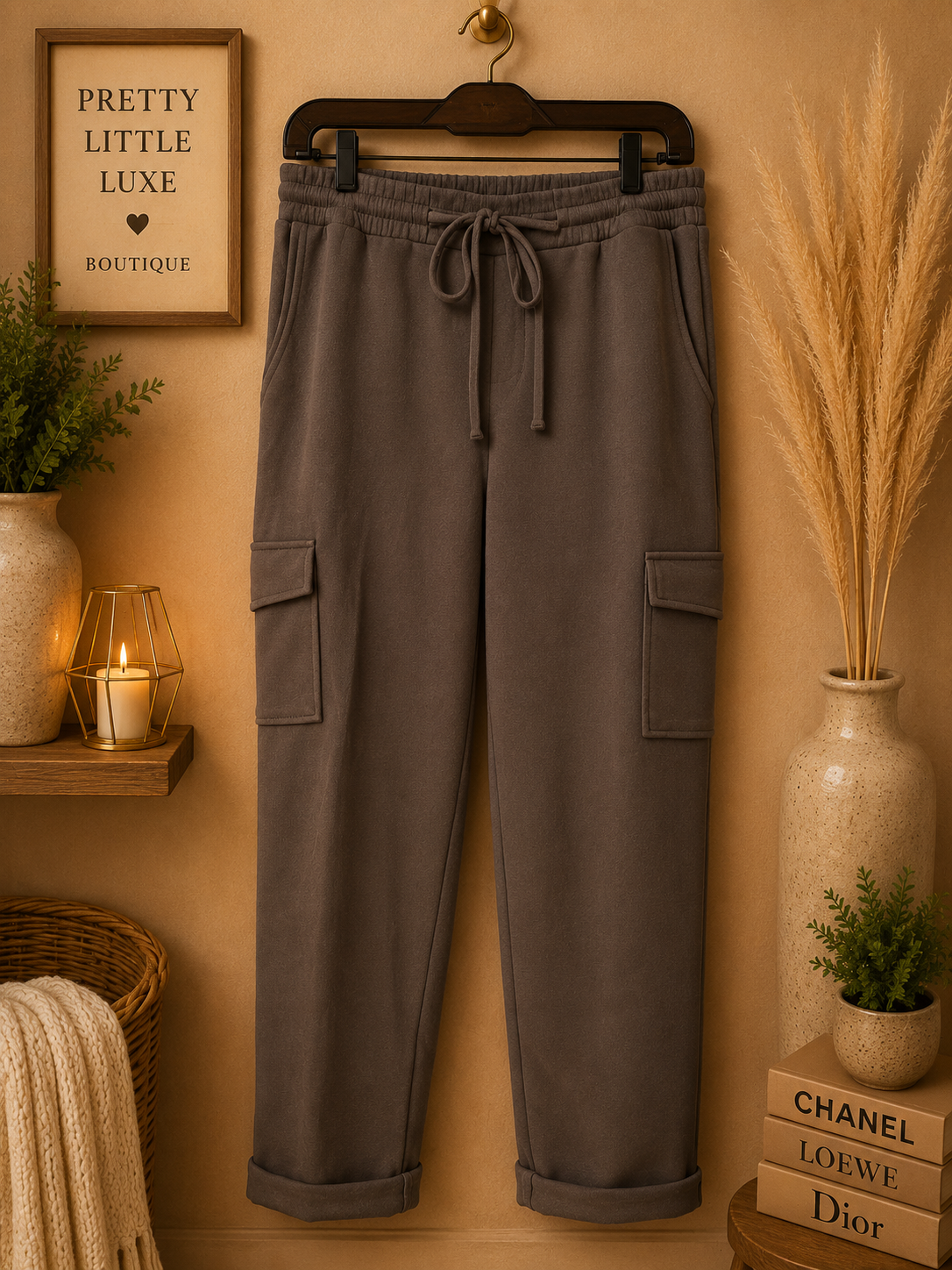 Soho Apparel Cozy Taupe Cargo Jogger Lounge Pants - Size Large
