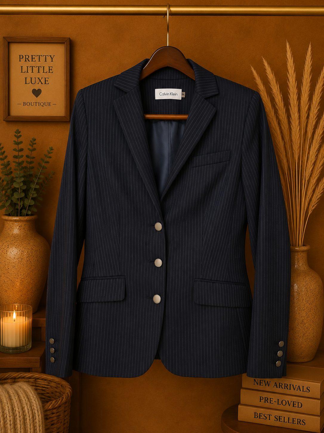 Calvin Klein Black Pinstripe Three-Button Blazer - Size 8