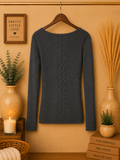 Charcoal Gray Ribbed Cable Knit Sweater Flare Sleeve Boatneck Top -Medium