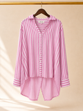 Remi James Striped High-Low Tunic Button-Down Blouse - Pink & White -Large