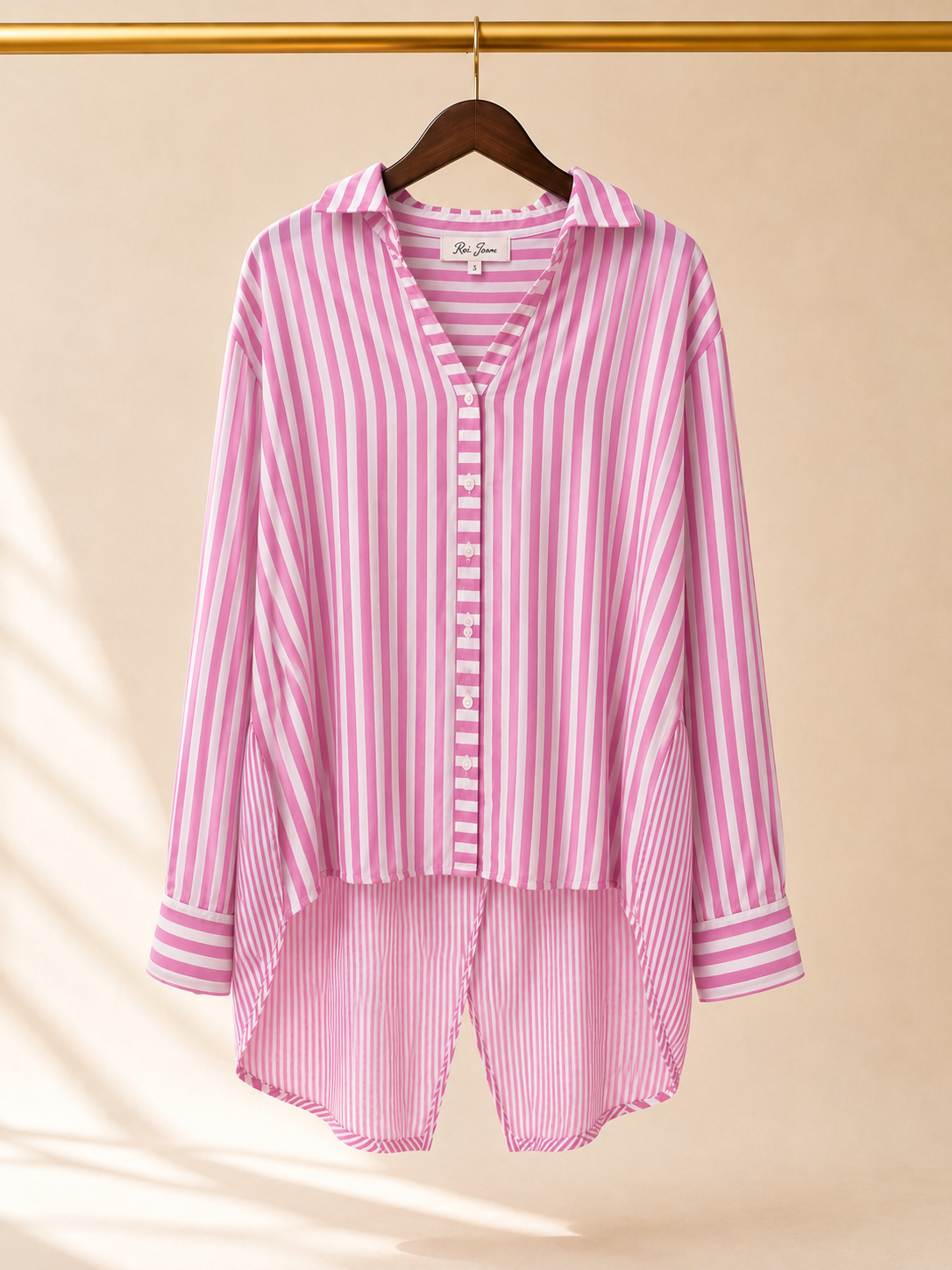 Remi James Striped High-Low Tunic Button-Down Blouse - Pink & White -Large
