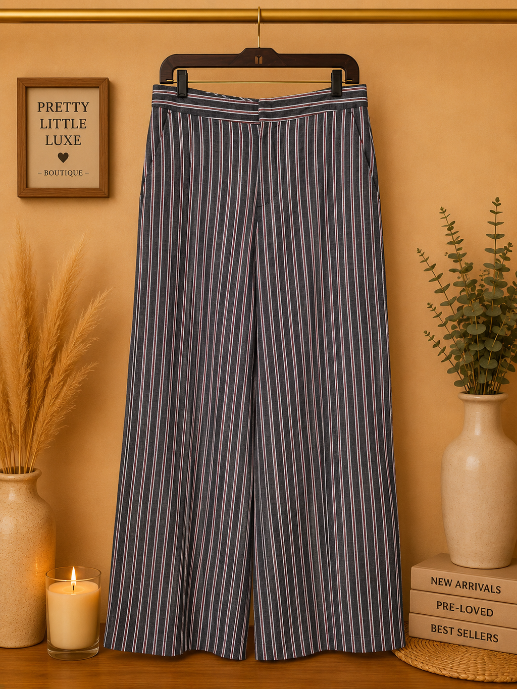 Banana Republic Striped High-Rise Wide-Leg Trousers - Charcoal & Pink (10)