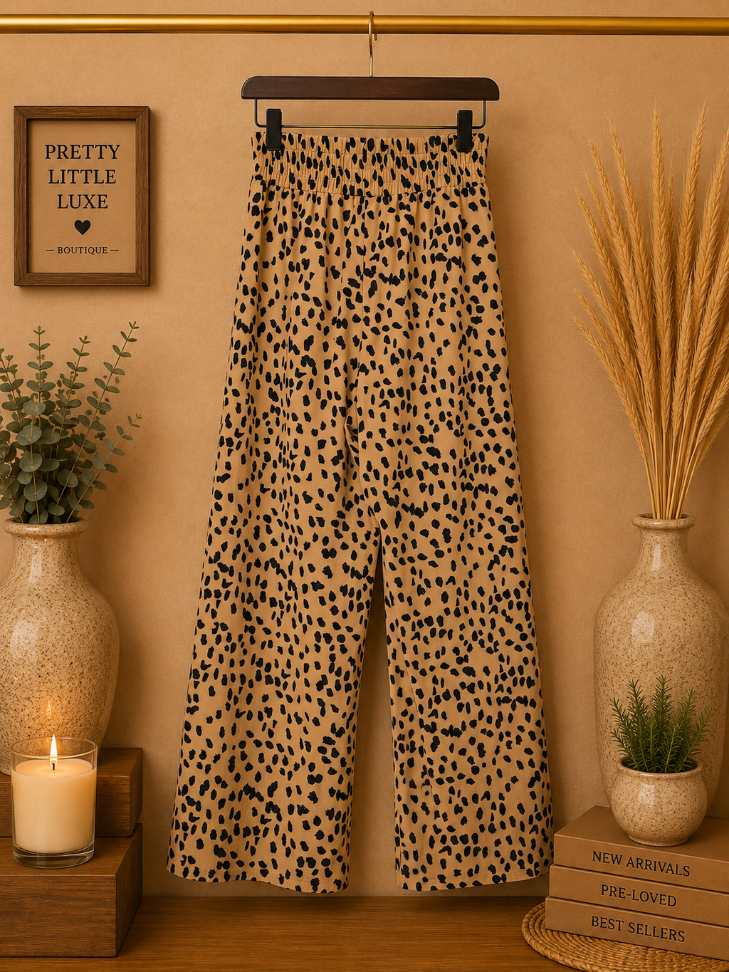 Wollence Paperbag Waist Wide Leg Palazzo Pants  Leopard Animal Print- Large