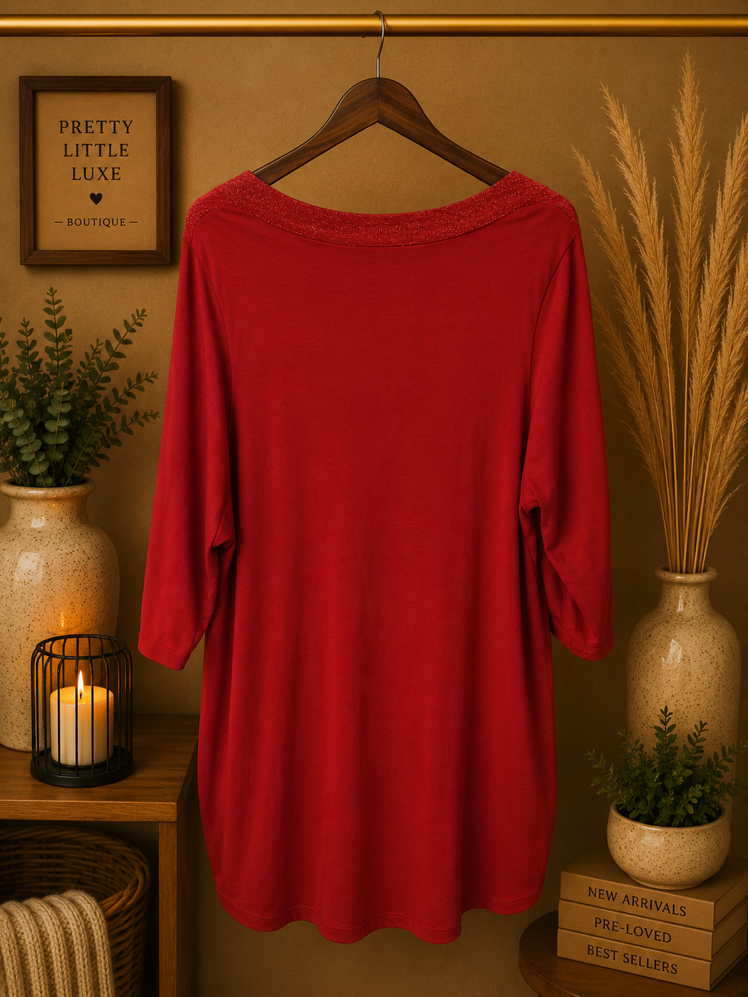 Cable & Gauge Red Studded Sleeve Tunic Top - Size XL
