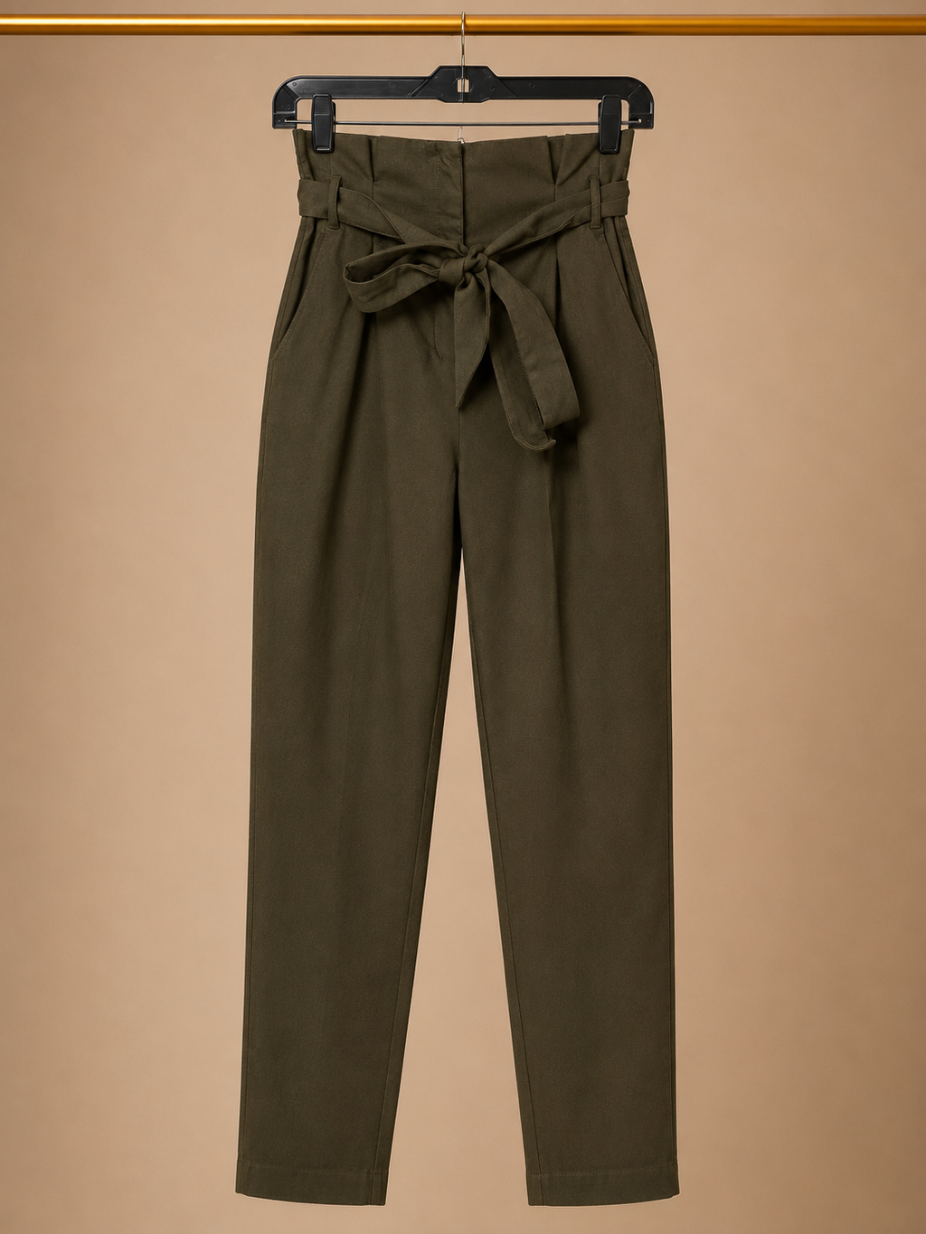 Windsor High-Rise Paperbag Waist Tapered Ankle Pants with Belt - Olive Green (Medium)