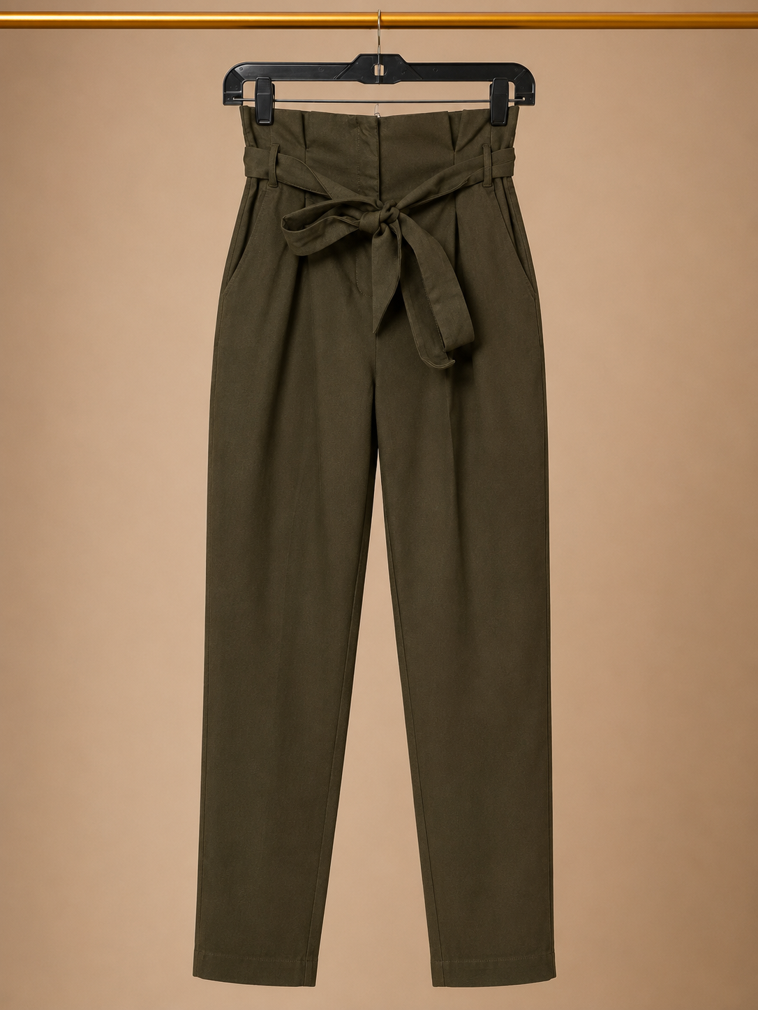Windsor High-Rise Paperbag Waist Tapered Ankle Pants with Belt - Olive Green (Medium)