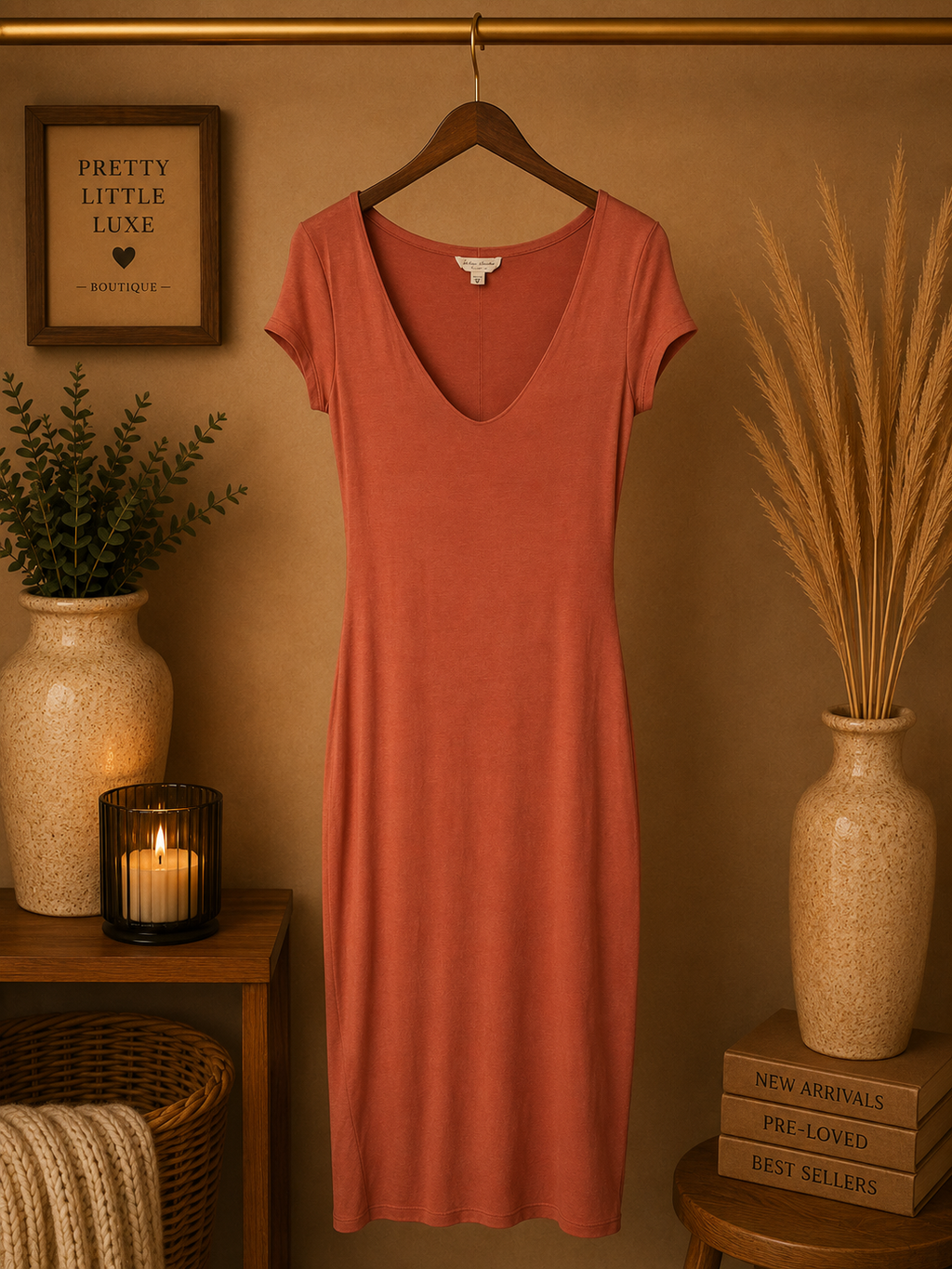 See You Monday Rust Orange V Neck ShorRust Scoop Neck Short Sleeve Dress - medium