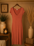 See You Monday Rust Orange V Neck ShorRust Scoop Neck Short Sleeve Dress - medium