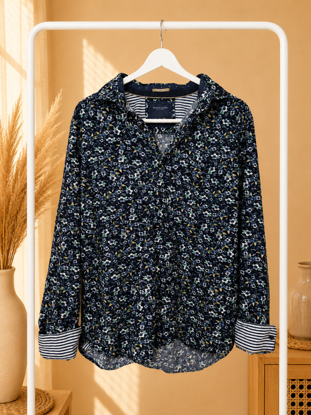 Denim & Flower Women’s Large Navy Floral Striped Cuff Button Up Shirt- Large