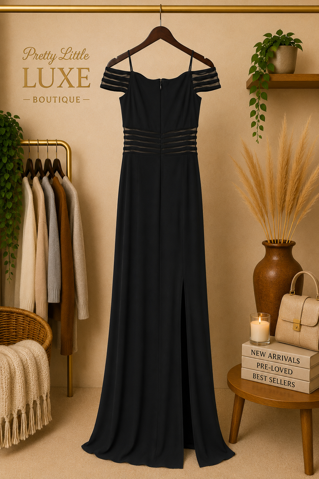 Morgan & Co. Off-the-Shoulder Mesh Illusion Waist Formal Gown - Solid Black (Size 5/6)