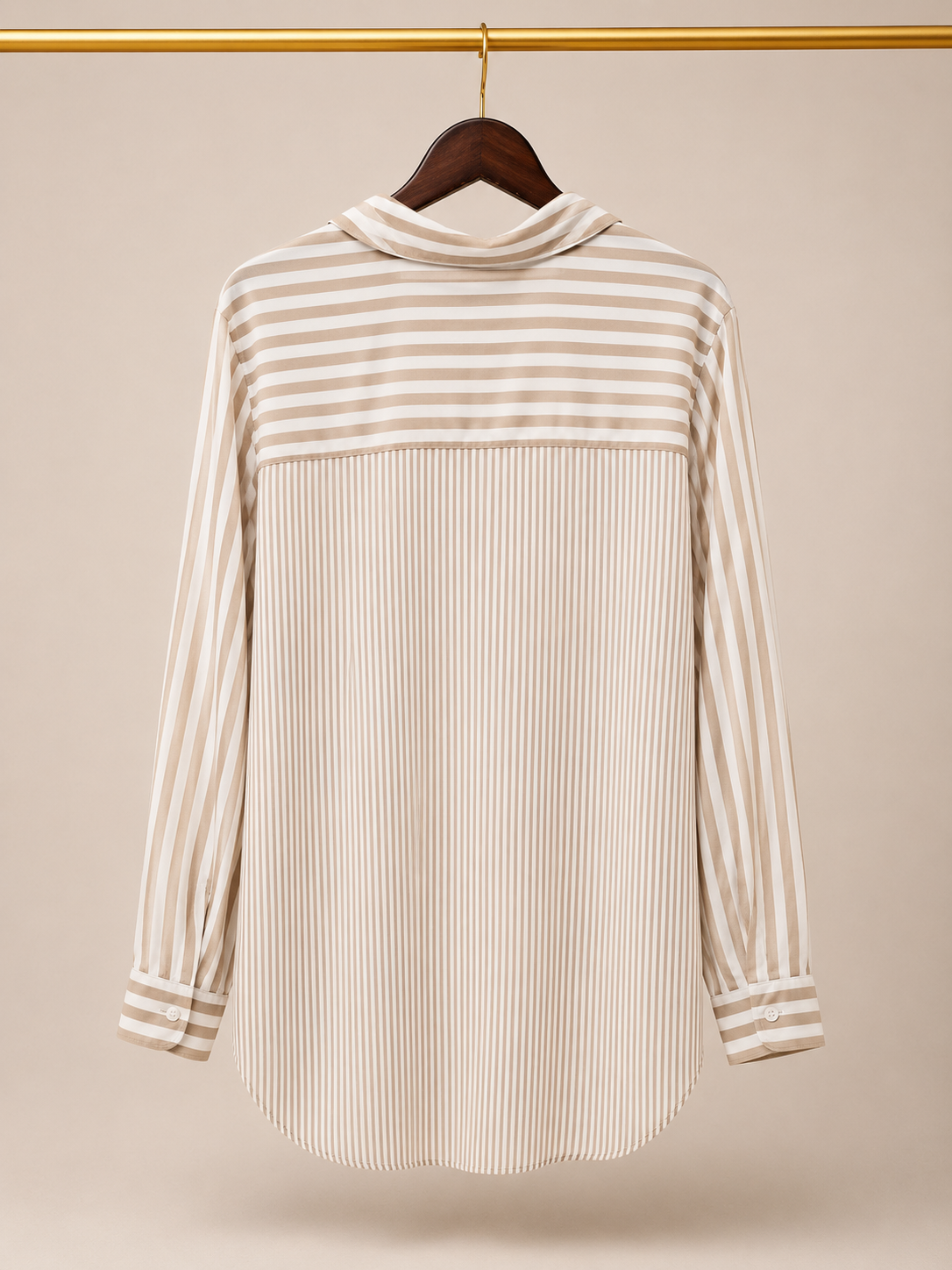 Emily Daniels 100% Rayon Mixed Stripe High-Low Tunic Button-Down Blouse - Tan (XL)