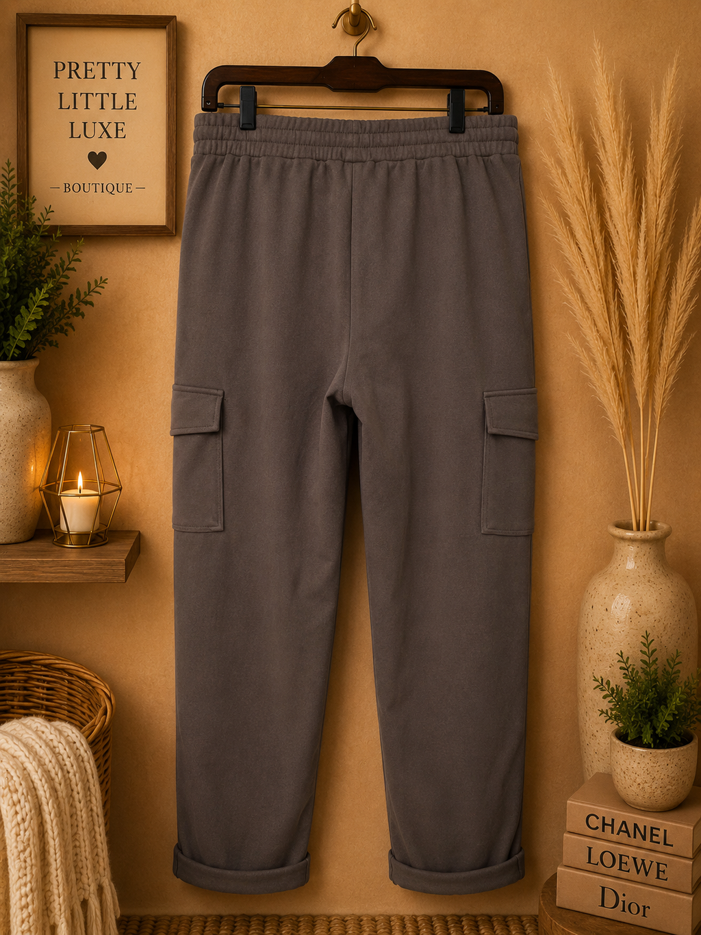 Soho Apparel Cozy Taupe Cargo Jogger Lounge Pants - Size Large