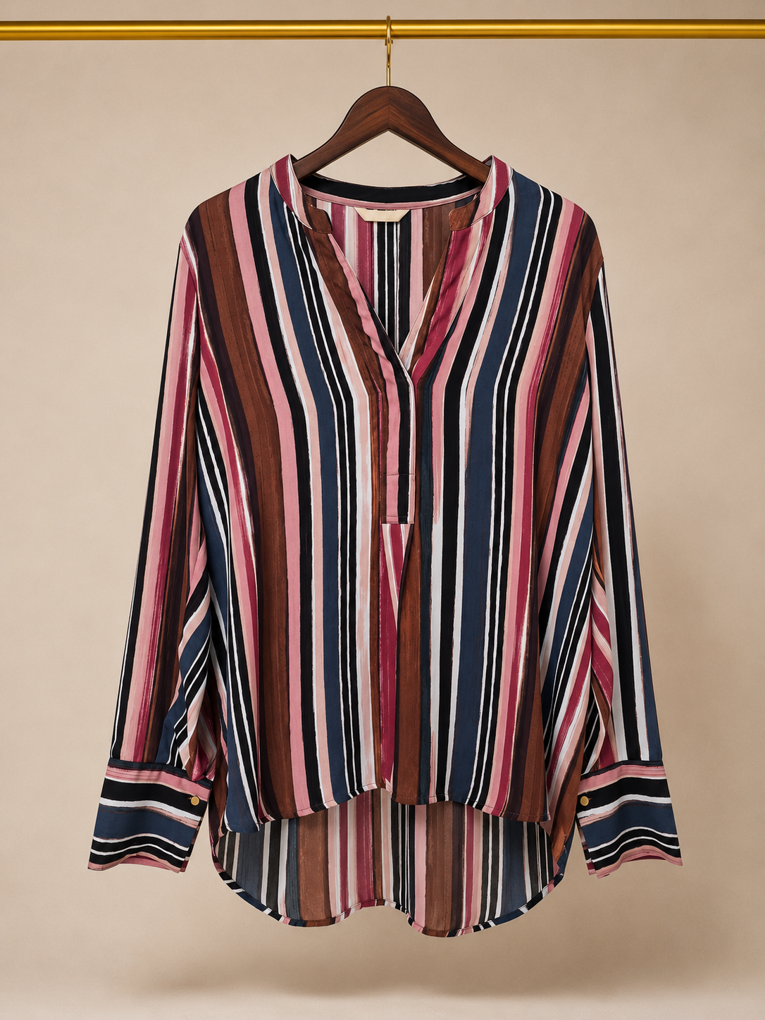 Hope & Harlow Jewel Tone Striped Split-Neck High-Low Tunic Blouse (XL)