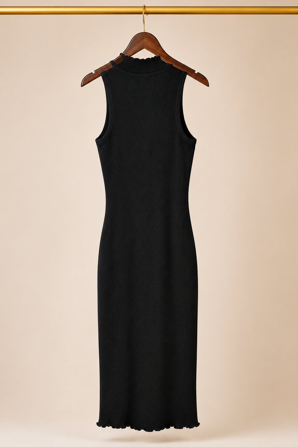 Miky & Joey Mock-Neck Sleeveless Ribbed Bodycon Midi Dress - Solid Black (Medium)