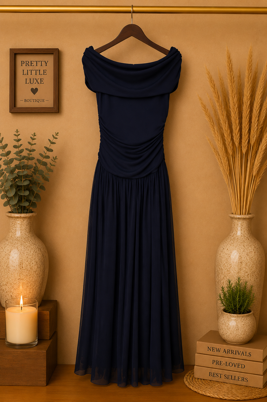 Betsy & Adam Off-The-Shoulder Ruched Mesh Maxi Gown  Midnight Navy - Size 6