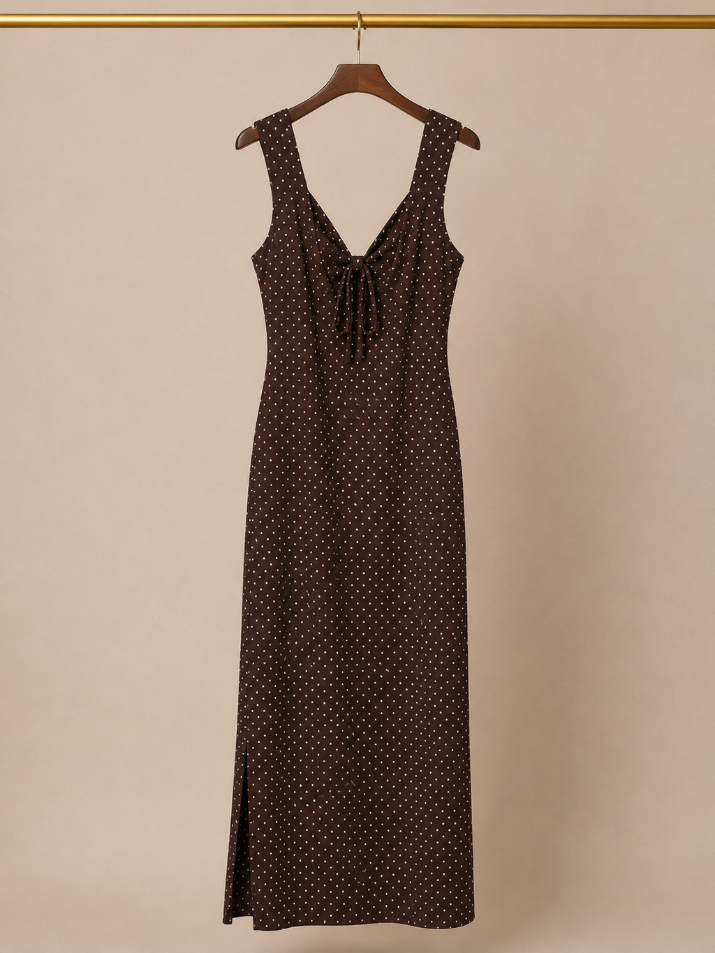 See You Monday Polka Dot V-Neck Maxi Dress with Side Slit - Brown (Large)