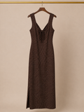 See You Monday Polka Dot V-Neck Maxi Dress with Side Slit - Brown (Large)