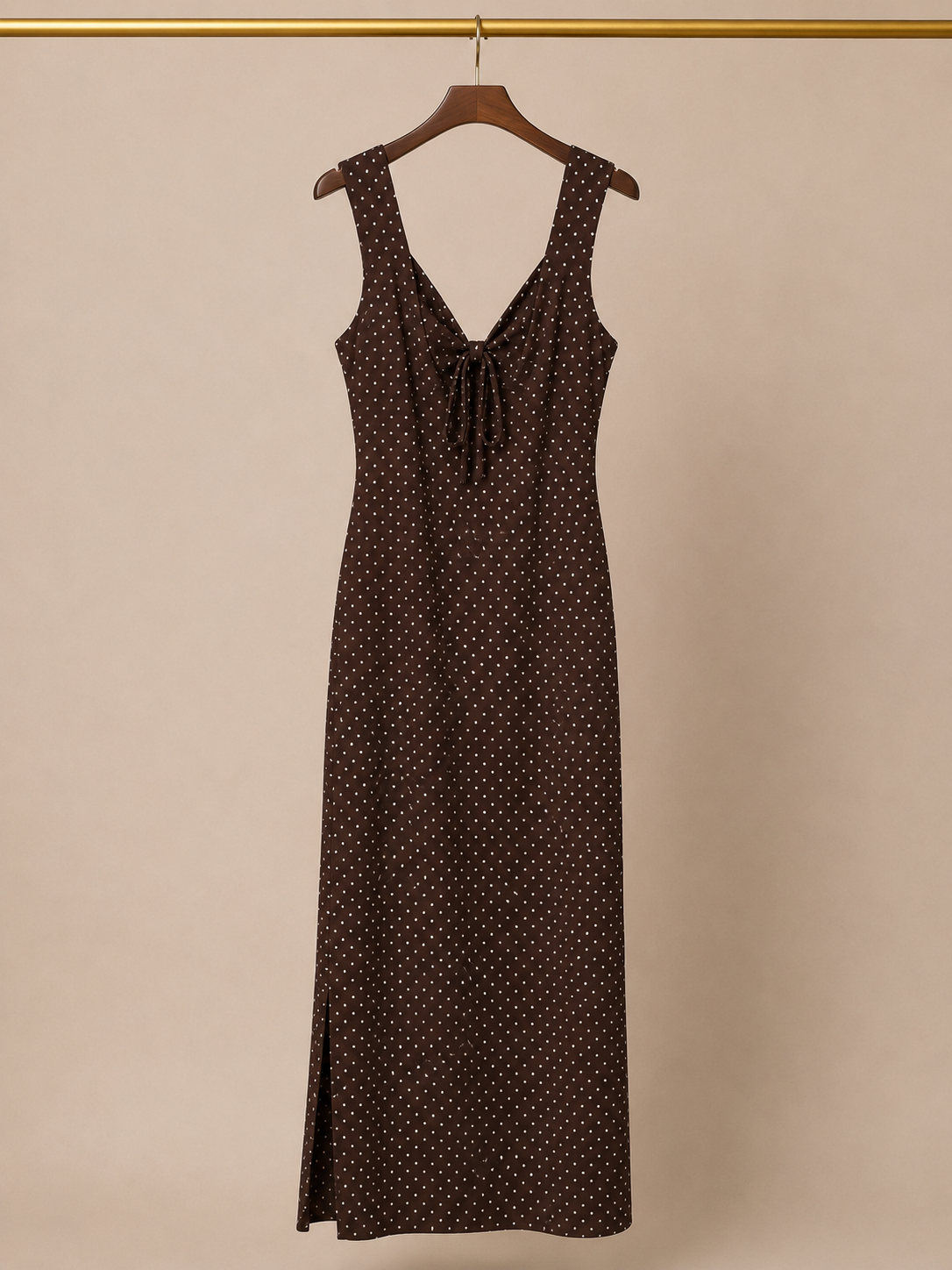 See You Monday Polka Dot V-Neck Maxi Dress with Side Slit - Brown (Large)