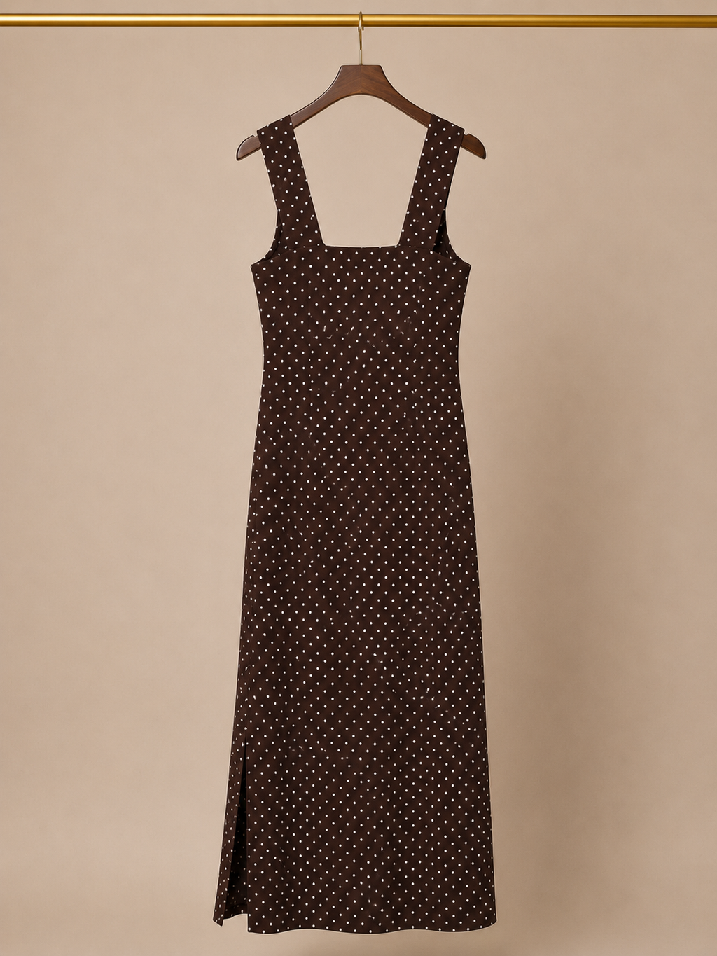 See You Monday Polka Dot V-Neck Maxi Dress with Side Slit - Brown (Large)