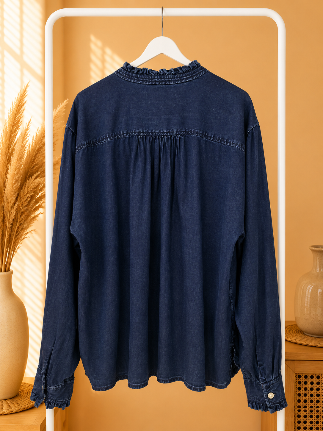 LOFT Dark Wash Chambray Ruffle Collar Button Down Top-Size Large