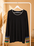 Tommy Hilfiger Black Knit Crewneck Sweater Multi Color Rainbow Striped Cuff- Large