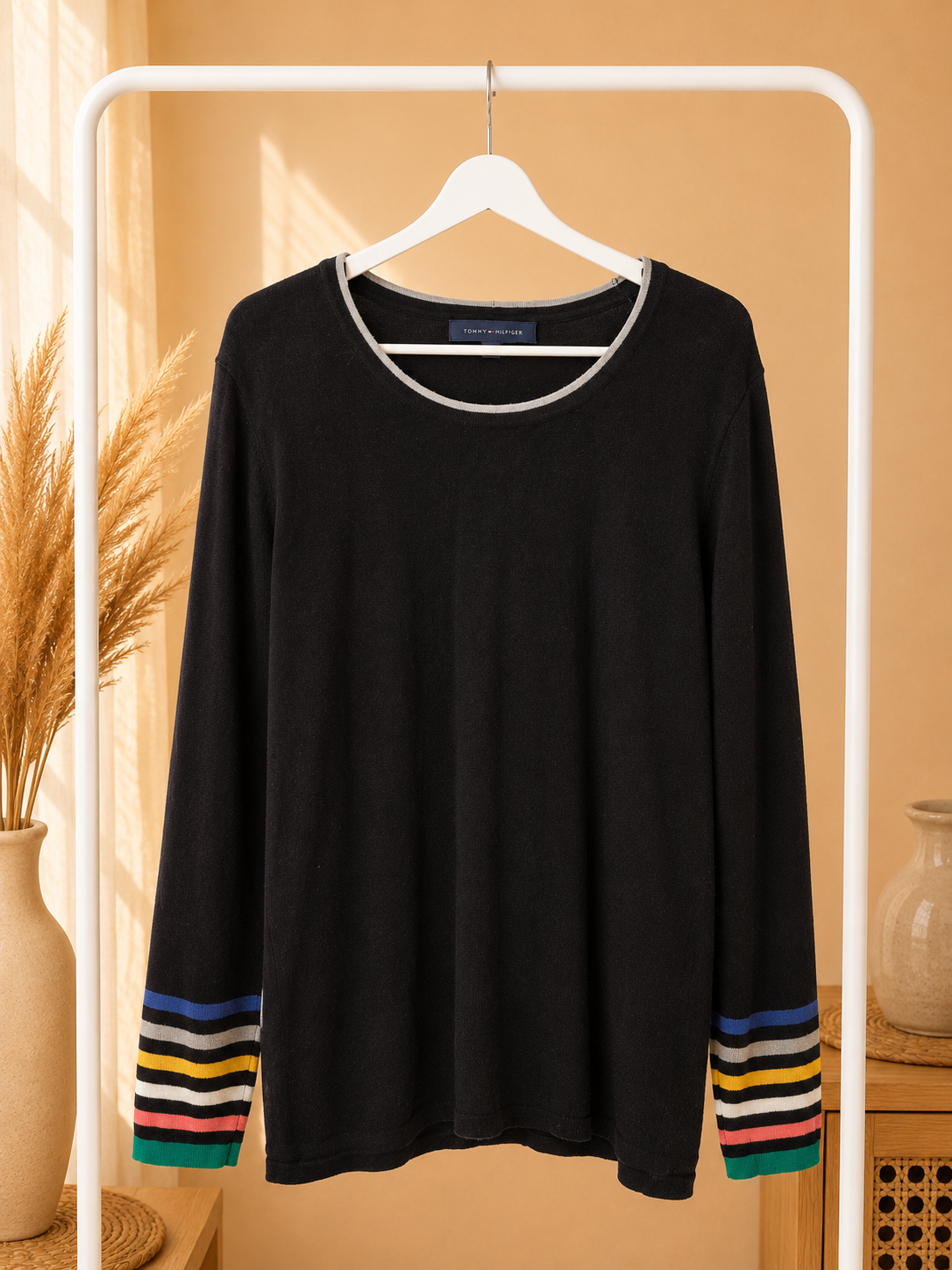 Tommy Hilfiger Black Knit Crewneck Sweater Multi Color Rainbow Striped Cuff- Large