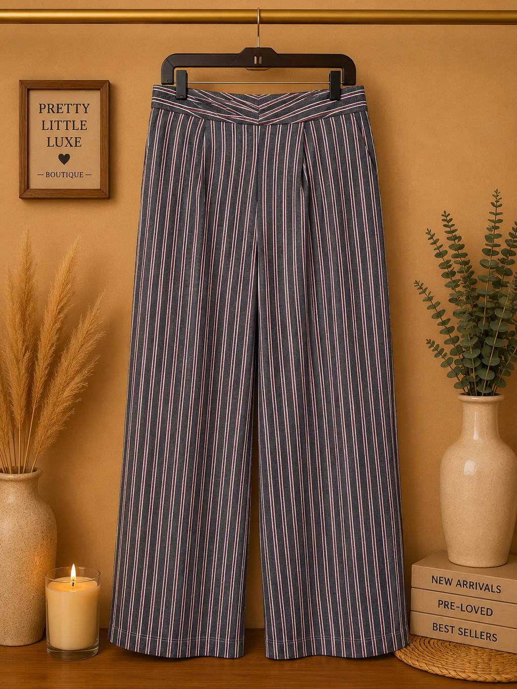 Banana Republic Striped High-Rise Wide-Leg Trousers - Charcoal & Pink (10)