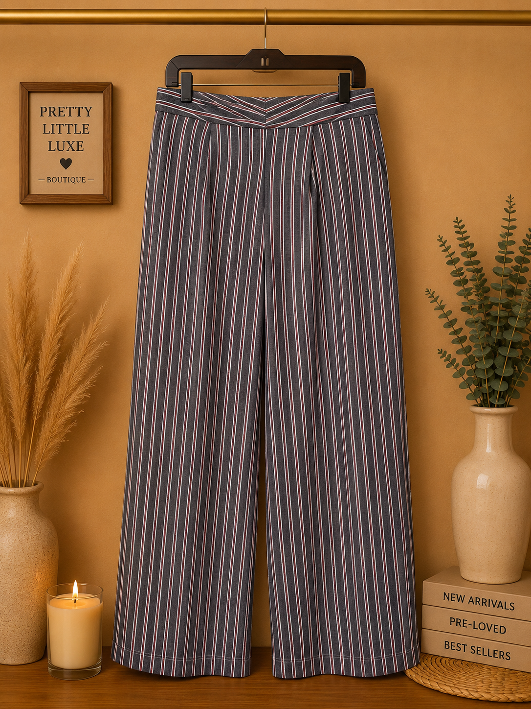 Banana Republic Striped High-Rise Wide-Leg Trousers - Charcoal & Pink (10)